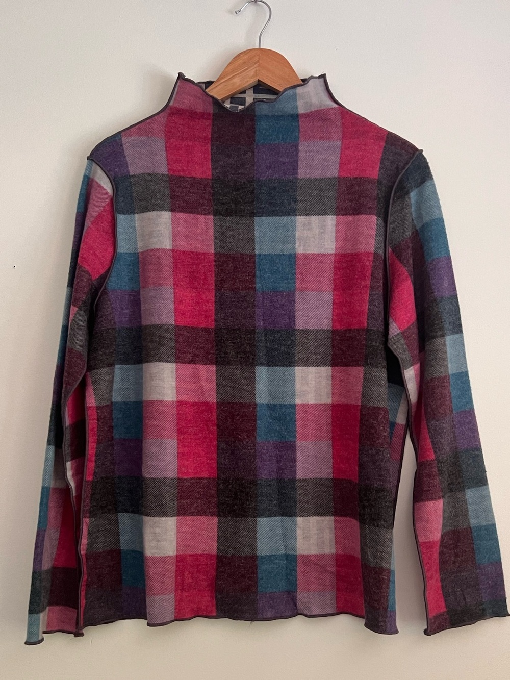 Plaid Mock Neck Long Sleeve Top Sweater Reversible - Pink, Teal, Gray